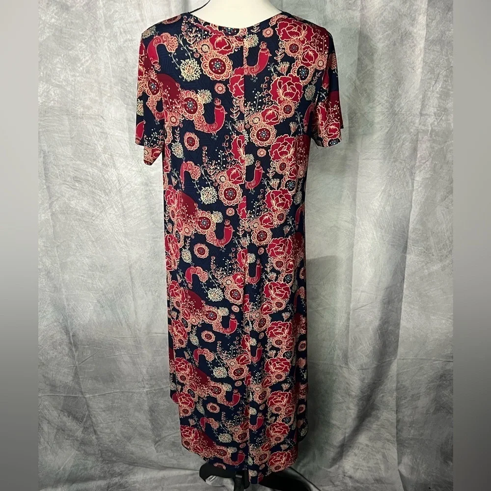 LuLaRoe Carly Floral Print Navy and Red Short Sleeve High-Low Swing Dress - S